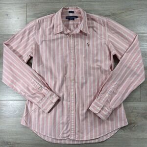 Ralph Lauren Women's Size 12 Slim Fit Pink/White Stripe Button Down Flesh Pony